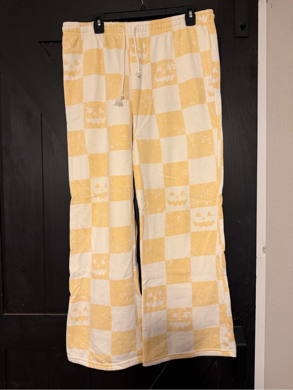 Mighty Fine Yellow and Cream Checkerboard Joggers with Jack-O'-Lantern Motif